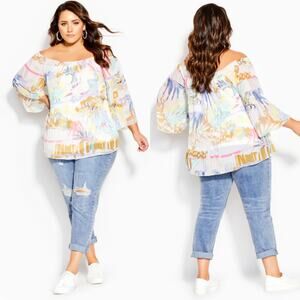 NWT City Chic Retro Storm Top Ivory Off‎ The Shoulder Pleated Sheer Chiffon 18